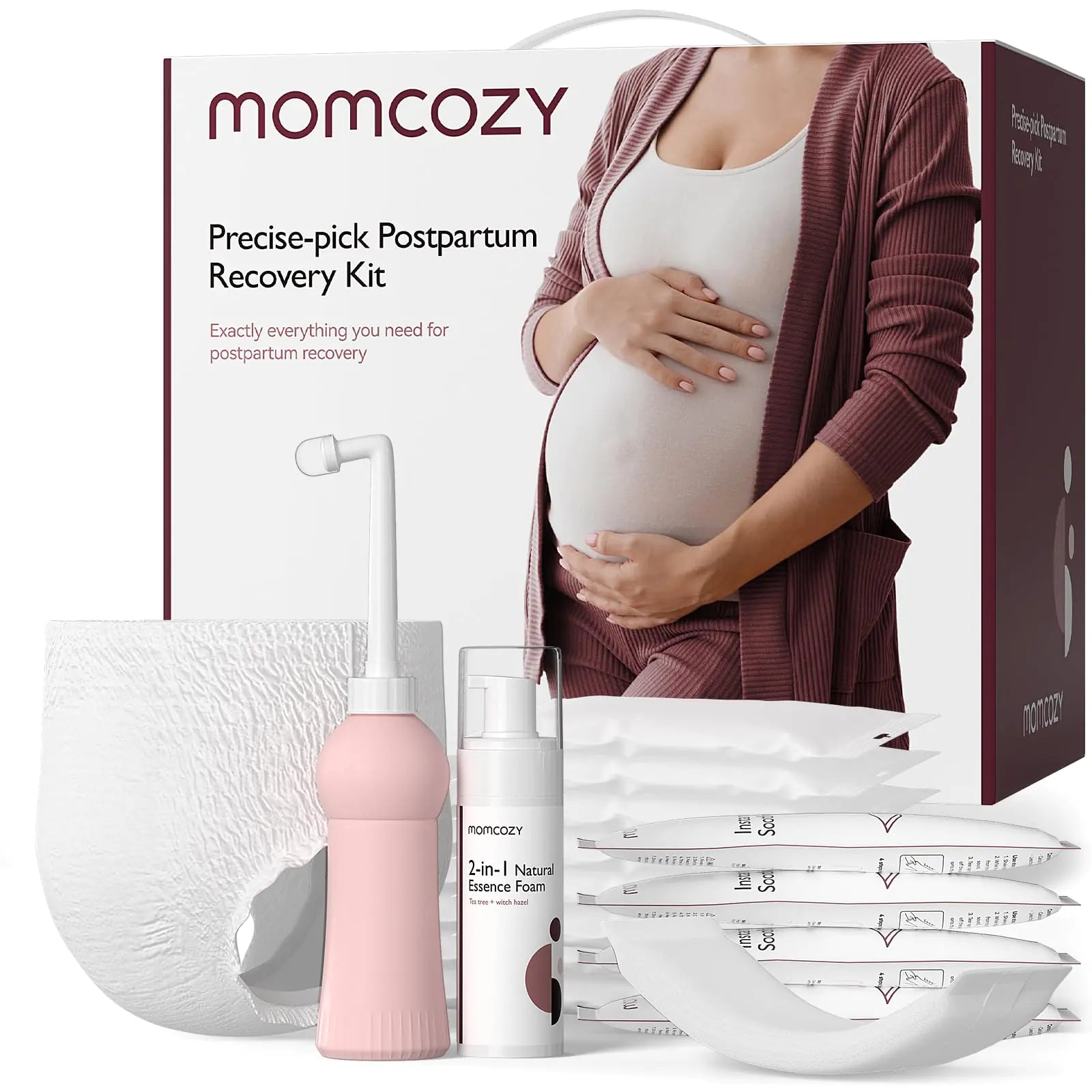 Momcozy Postpartum Recovery Essentials Kit 19 PCS Labor Delivery Mom Care Set Self-Absorbent Disposable Underwear Upside Down Peri Bottle Instant Ice Pads Cooling Foam Canvas Bag Kit